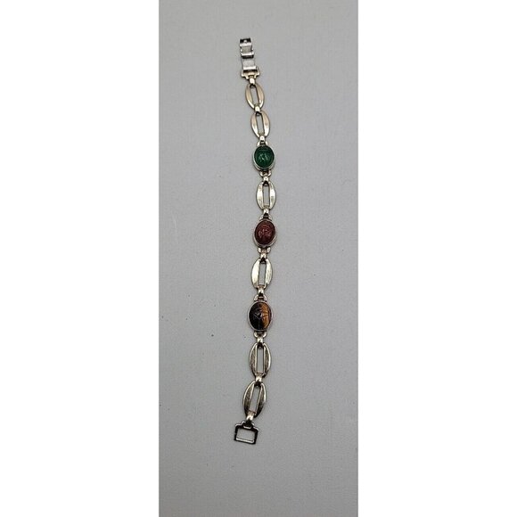 14k W. E. Richards Co. Symmetalic Sterling & Scarab Bracelet 6" Gemstones 1940s - Picture 9 of 15